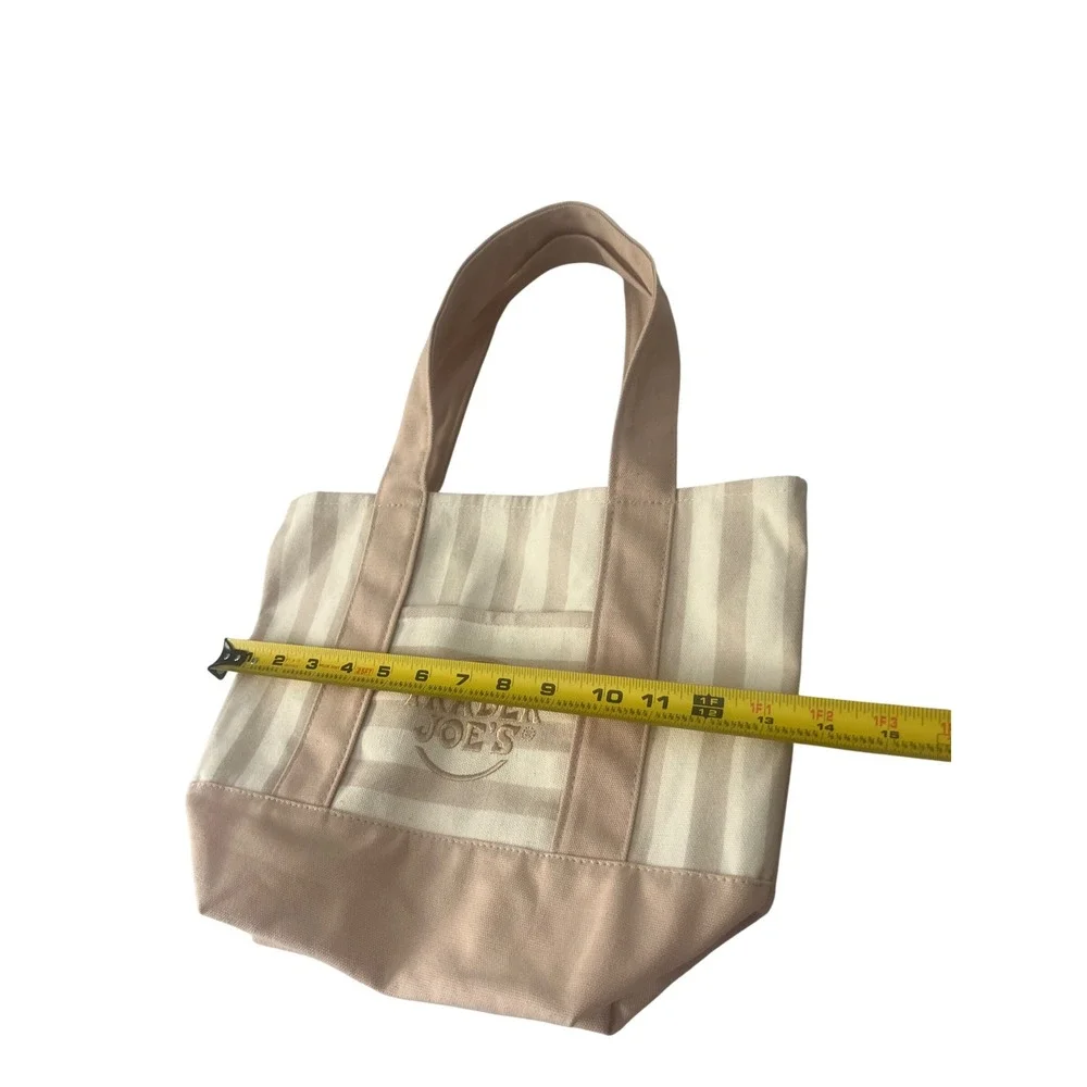 Trader Joe's Mini Canvas Tote Bag Tan Cream Striped Embroidered Logo Small Bag